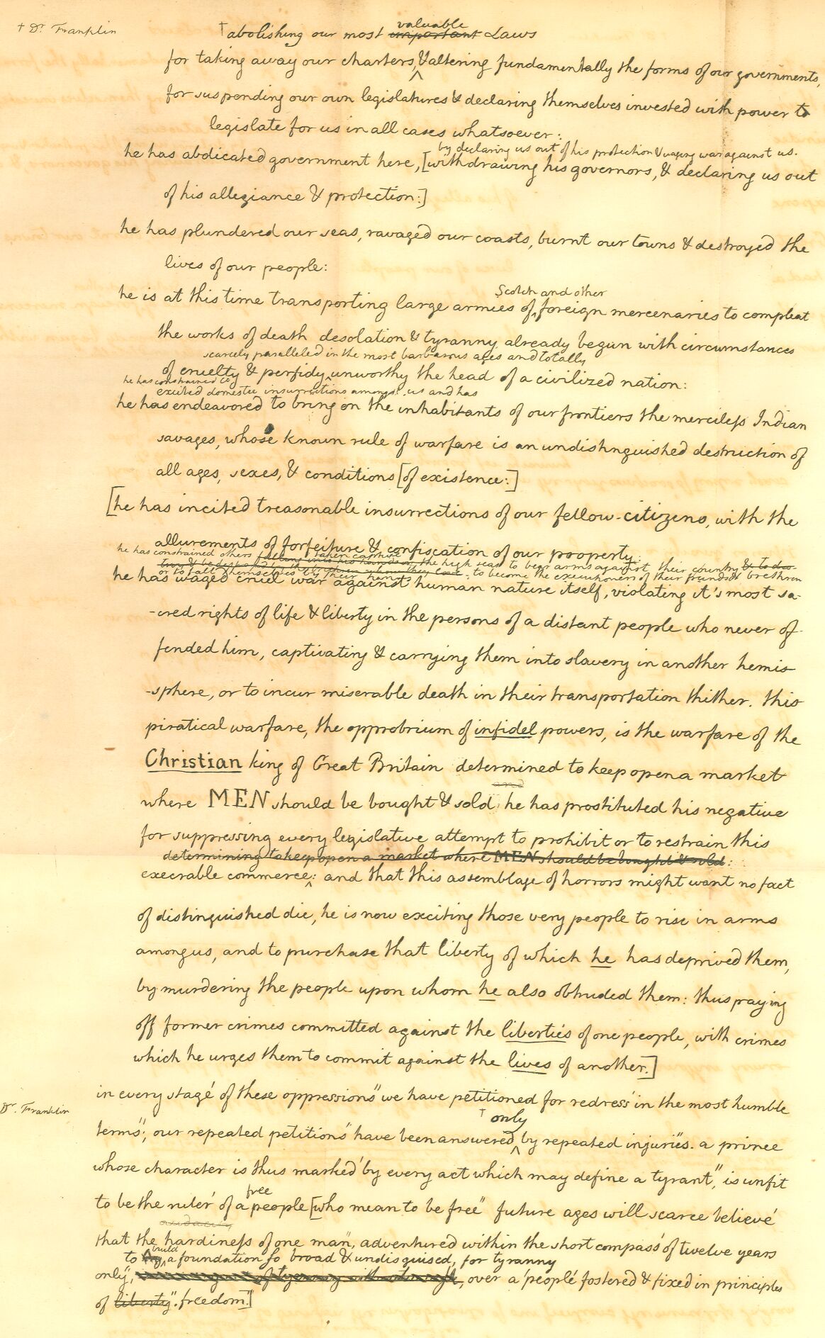 Jefferson’s original draft showing the deleted anti-slavery passage